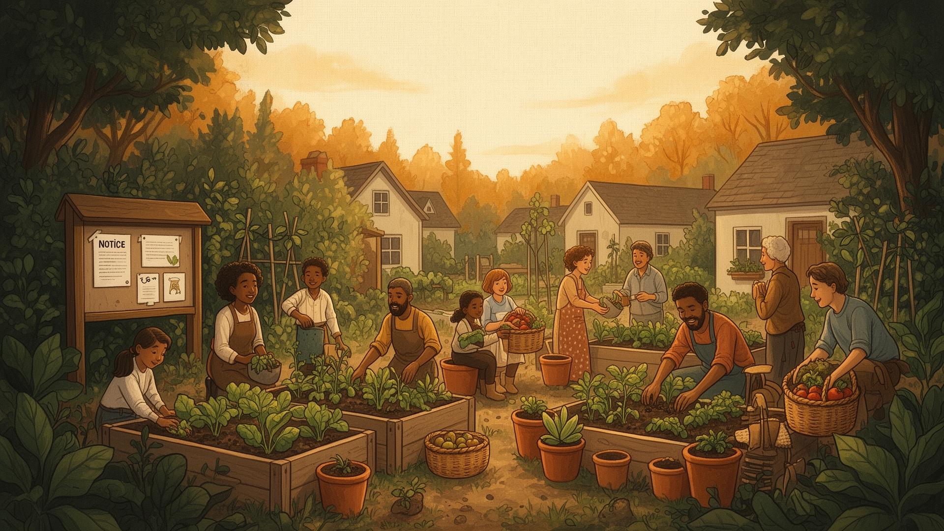 A warm community garden where neighbours tend raised beds and share baskets of produce together